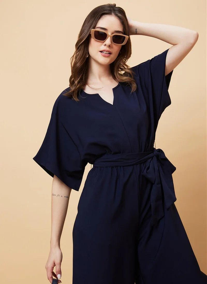 globus Navy Globus Women V Cut & Kimono Sleeves Waist Tie-Up Longline Jumpsuit for Women | Best Price UAE
